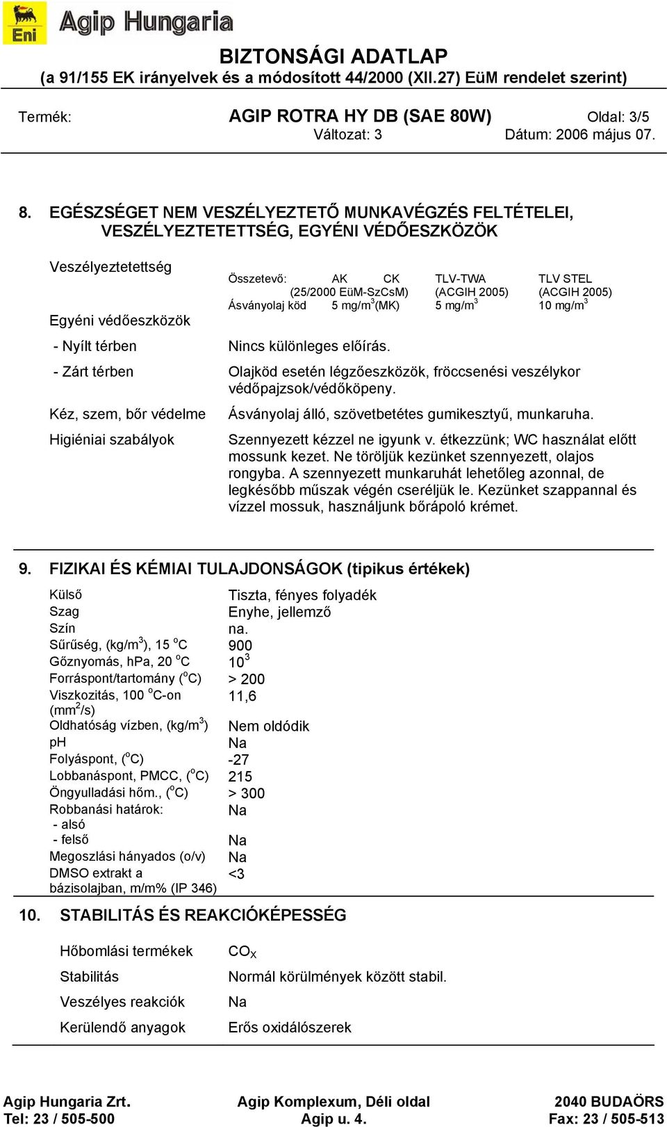 Összetevő: AK CK TLV-TWA TLV STEL (25/2000 EüM-SzCsM) (ACGIH 2005) (ACGIH 2005) Ásványolaj köd 5 mg/m 3 (MK) 5 mg/m 3 10 mg/m 3 - Zárt térben Olajköd esetén légzőeszközök, fröccsenési veszélykor