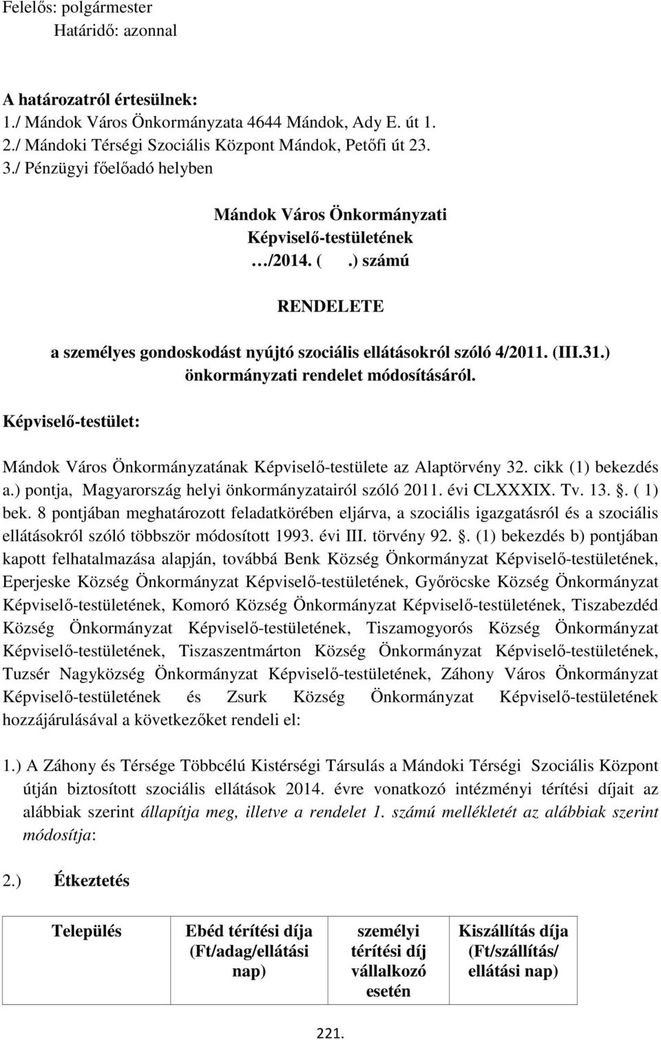 ) önkormányzati rendelet módosításáról. Képviselő-testület: Mándok Város Önkormányzatának Képviselő-testülete az Alaptörvény 32. cikk (1) bekezdés a.