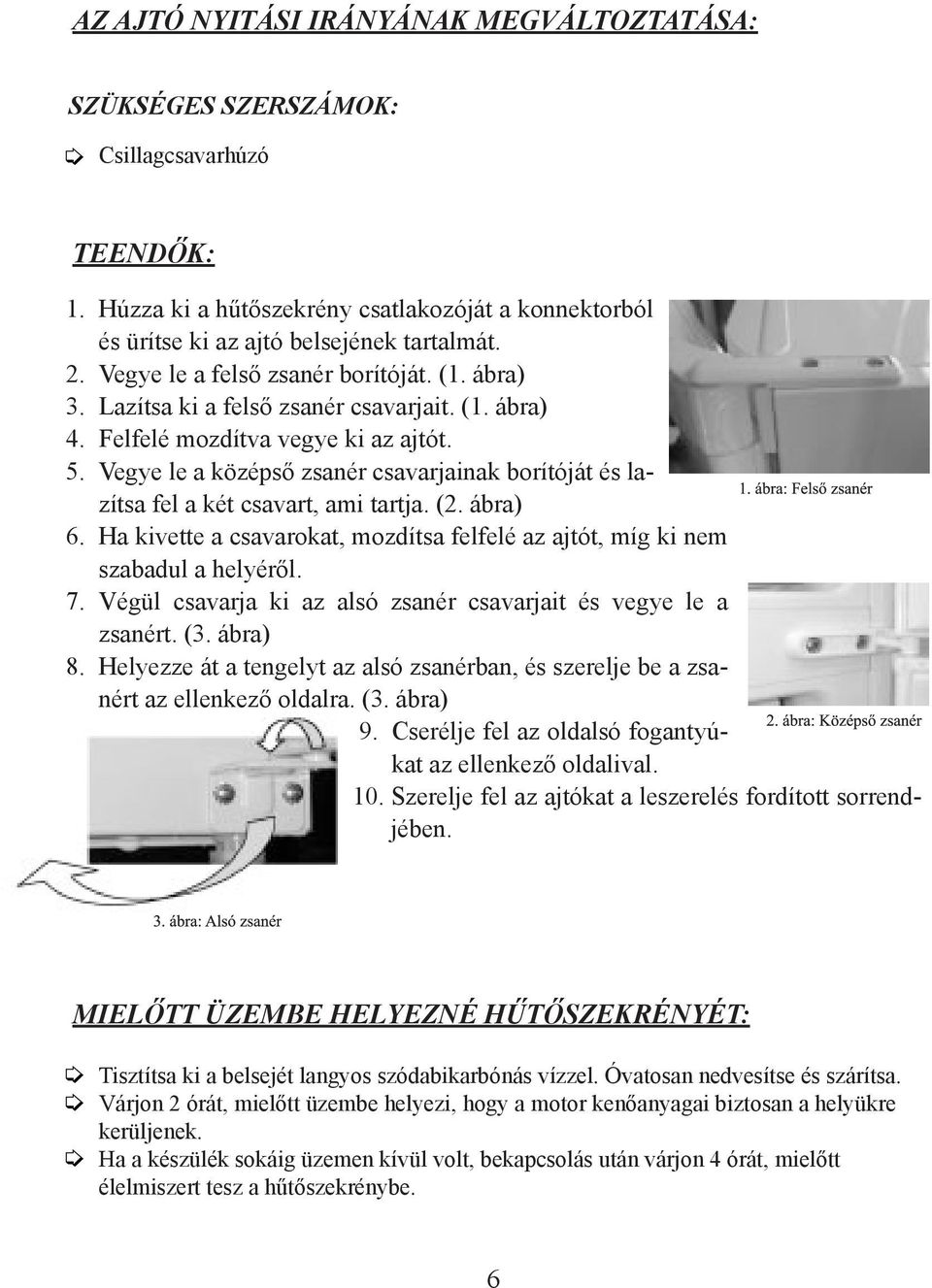 Vegye le a középső zsanér csavarjainak borítóját és lazítsa fel a két csavart, ami tartja. (2. ábra) 6. Ha kivette a csavarokat, mozdítsa felfelé az ajtót, míg ki nem szabadul a helyéről. 7.