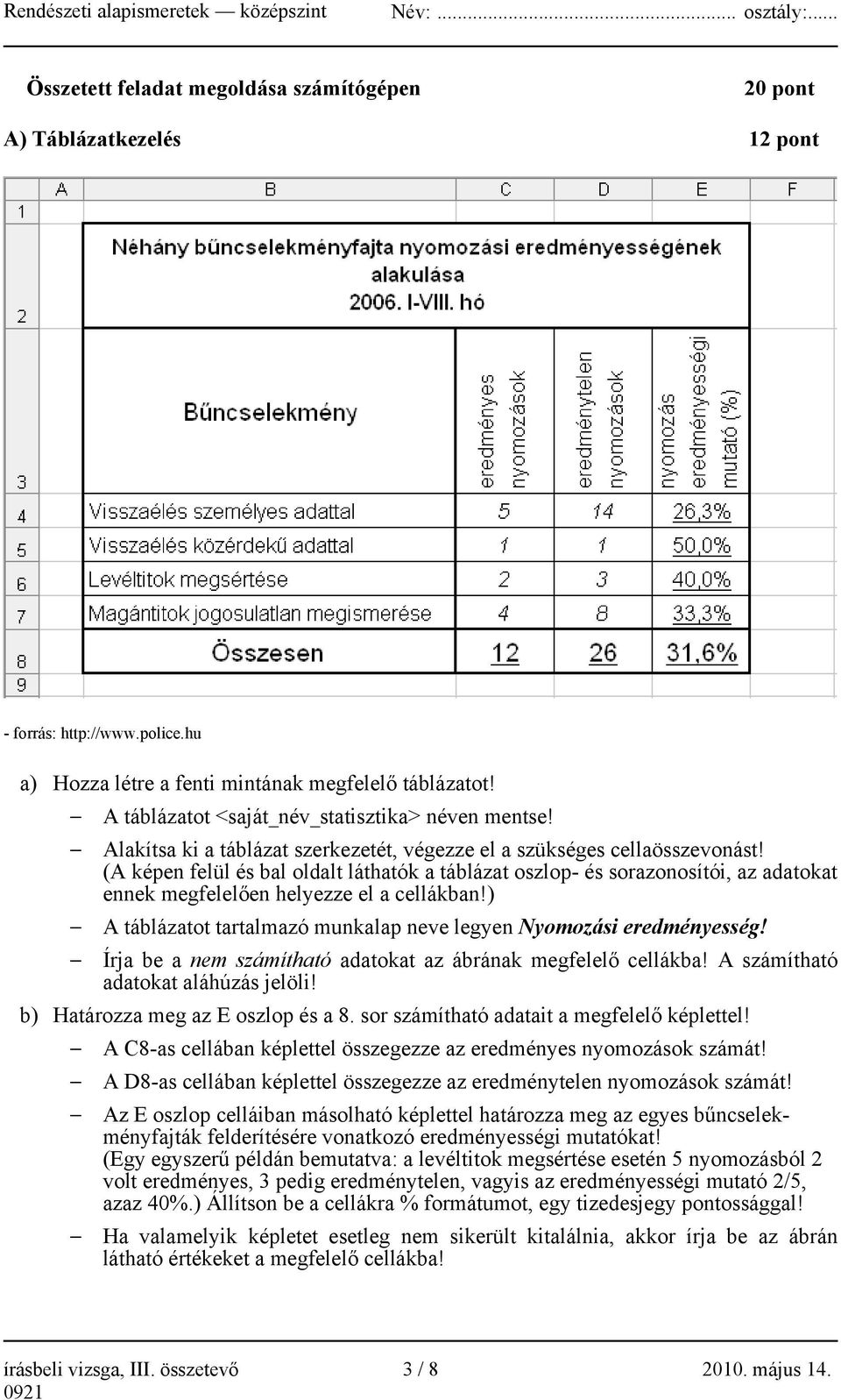 (A képen felül és bal oldalt láthatók a táblázat oszlop- és sorazonosítói, az adatokat ennek megfelelően helyezze el a cellákban!) A táblázatot tartalmazó munkalap neve legyen Nyomozási eredményesség!