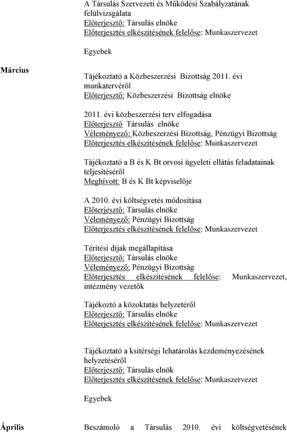 évi közbeszerzési terv elfogadása Véleményező: Közbeszerzési Bizottság, Pénzügyi Bizottság Tájékoztató a B és K Bt orvosi ügyeleti ellátás feladatainak