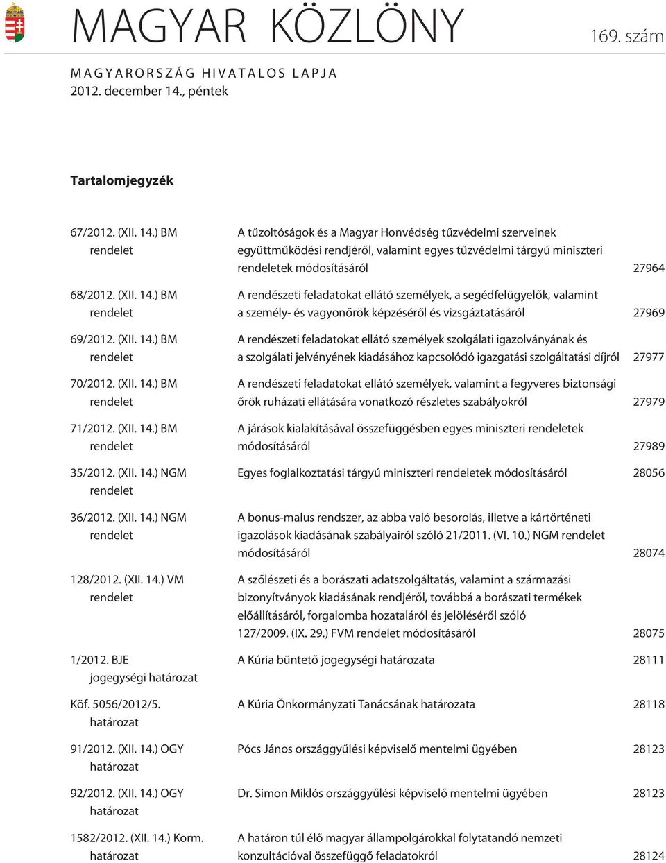 5056/2012/5. határozat 91/2012. (XII. 14.) OGY határozat 92/2012. (XII. 14.) OGY határozat 1582/2012. (XII. 14.) Korm.