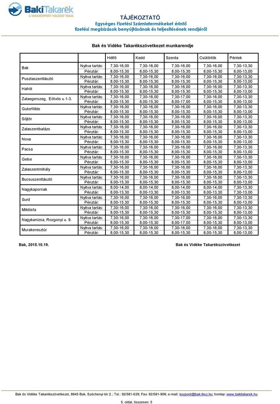 Murakeresztúr Nyitva tartás: 7,30-16,00 7,30-16,00 7,30-17,00 7,30-16,00 7,30-13,30 Pénztár: 8,00-15,30 8,00-15,30 8,00-17,00 8,00-15,30 8,00-13,00 Nyitva tartás: 8,00-14,00 8,00-14,00