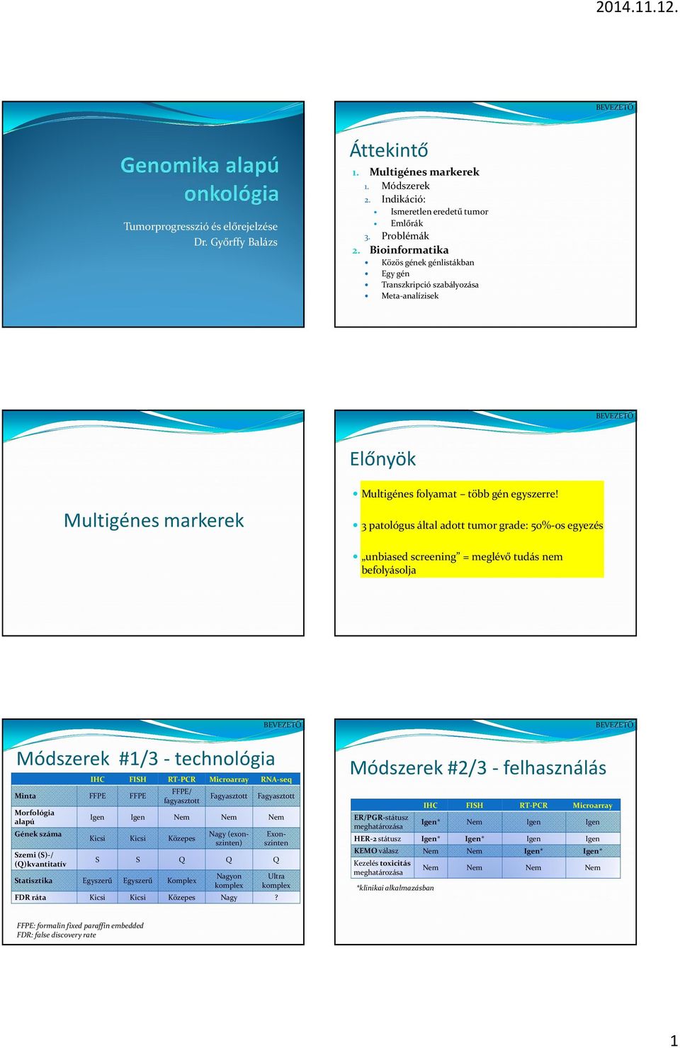 3 patológus által adott tumor grade: 50%-os egyezés unbiased screening = meglévő tudás nem befolyásolja Módszerek #1/3 - technológia Minta FFPE FFPE Morfológia alapú Gének száma Szemi (S)-/