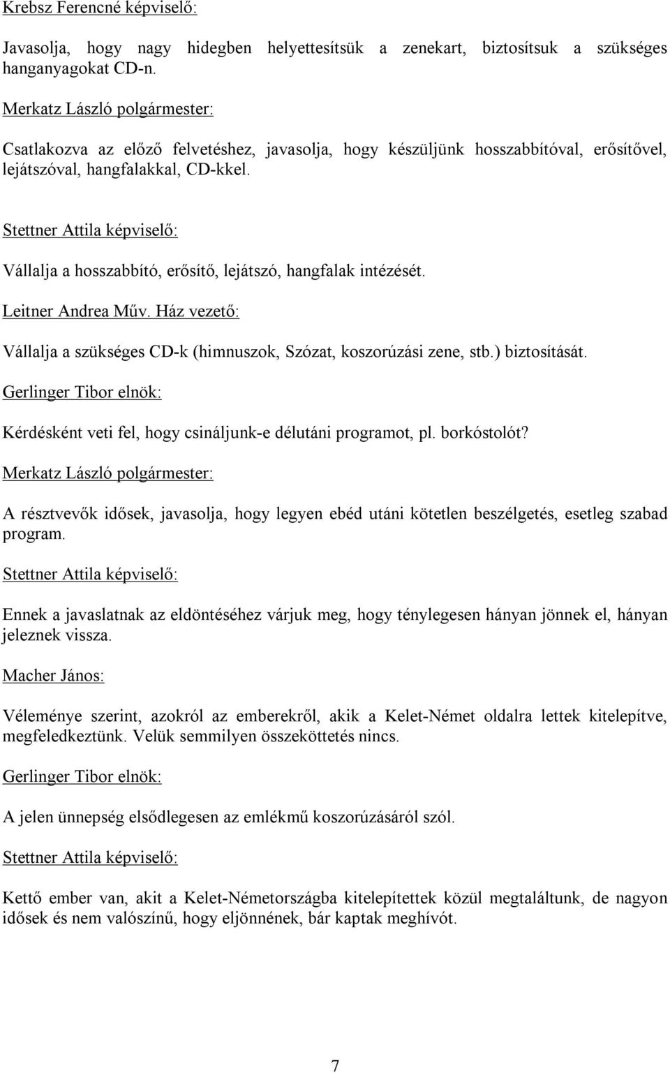 Stettner Attila képviselő: Vállalja a hosszabbító, erősítő, lejátszó, hangfalak intézését. Leitner Andrea Műv. Ház vezető: Vállalja a szükséges CD-k (himnuszok, Szózat, koszorúzási zene, stb.