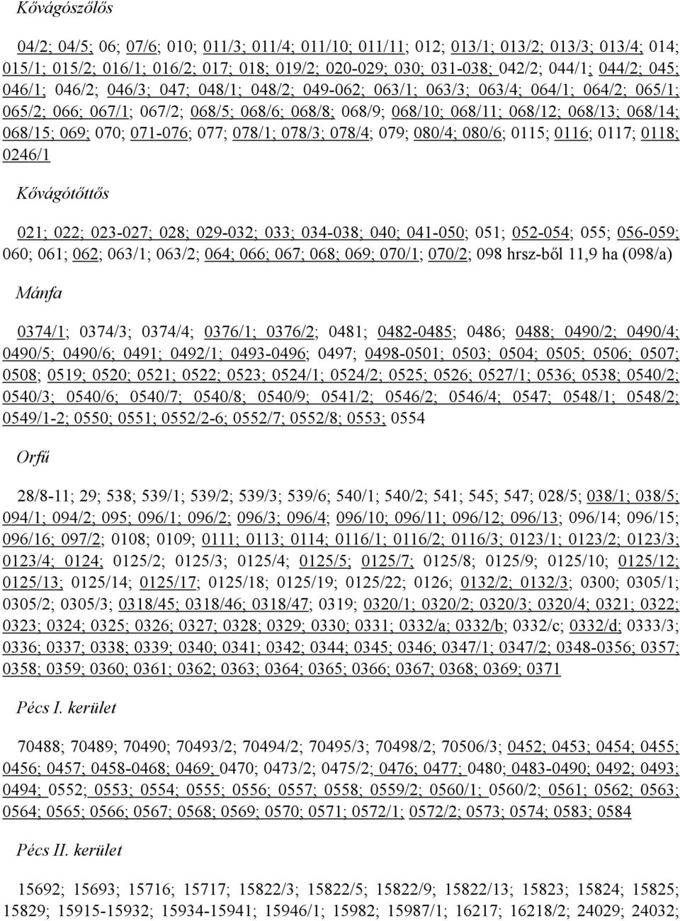 069; 070; 071-076; 077; 078/1; 078/3; 078/4; 079; 080/4; 080/6; 0115; 0116; 0117; 0118; 0246/1 Kővágótőttős 021; 022; 023-027; 028; 029-032; 033; 034-038; 040; 041-050; 051; 052-054; 055; 056-059;