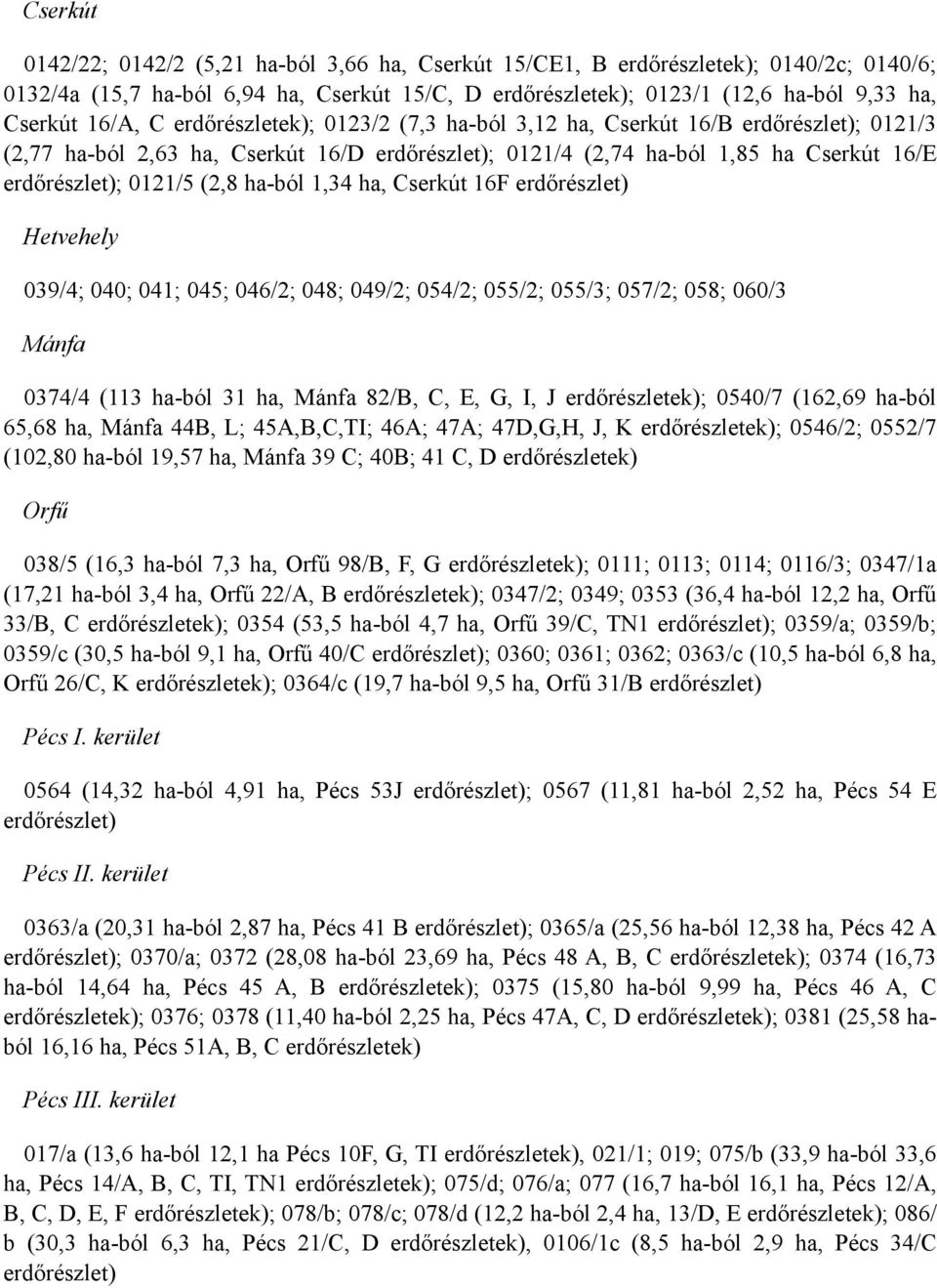 (2,8 ha-ból 1,34 ha, Cserkút 16F erdőrészlet) Hetvehely 039/4; 040; 041; 045; 046/2; 048; 049/2; 054/2; 055/2; 055/3; 057/2; 058; 060/3 Mánfa 0374/4 (113 ha-ból 31 ha, Mánfa 82/B, C, E, G, I, J