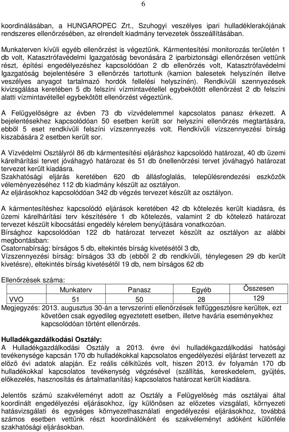 Kármentesítési monitorozás területén 1 db volt, Katasztrófavédelmi Igazgatóság bevonására 2 iparbiztonsági ellenőrzésen vettünk részt, építési engedélyezéshez kapcsolódóan 2 db ellenőrzés volt,