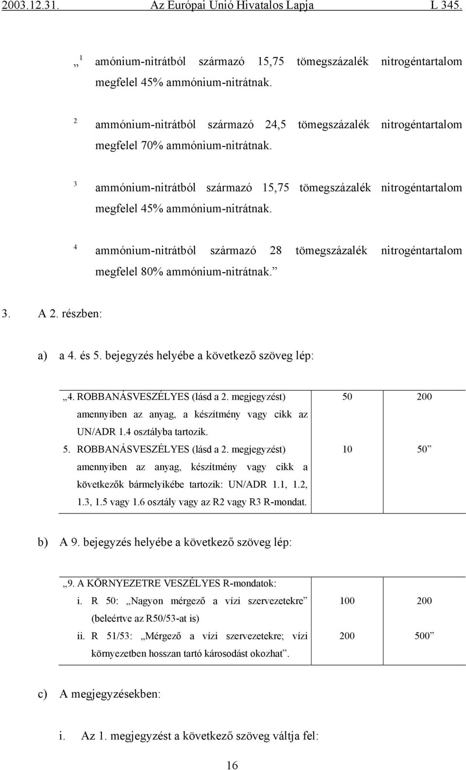 A 2. részben: a) a 4. és 5. bejegyzés helyébe a következő szöveg lép: 4. ROBBANÁSVESZÉLYES (lásd a 2.