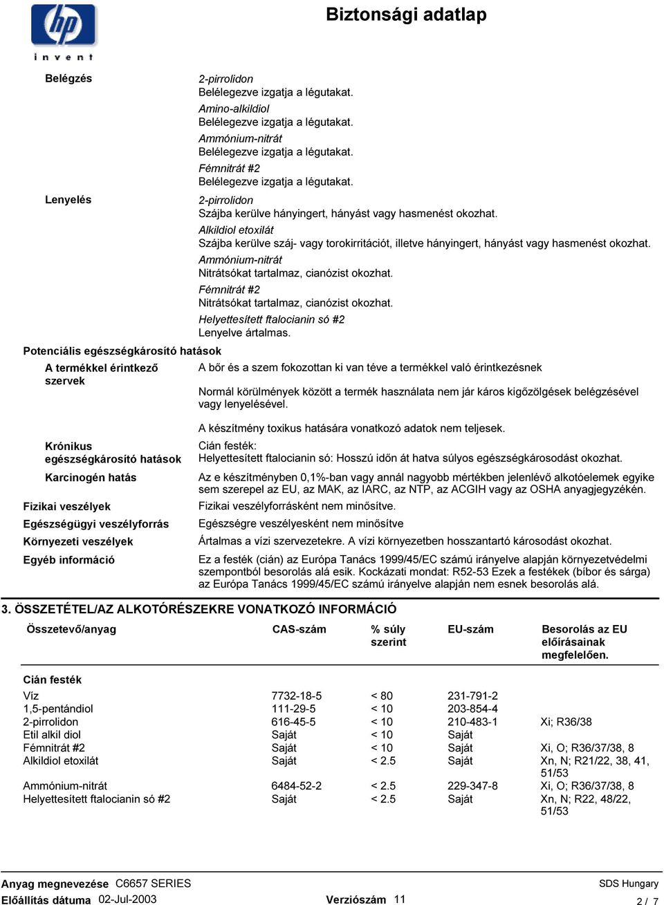 Nitrátsókat tartalmaz, cianózist okozhat. Helyettesített ftalocianin só #2 Lenyelve ártalmas.