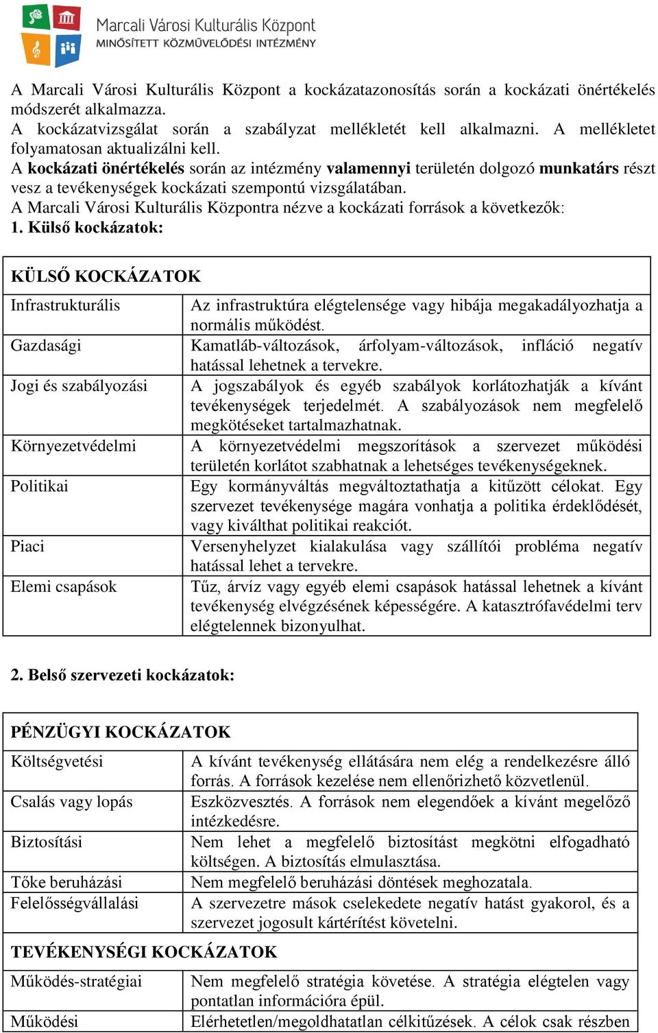 A Marcali Városi Kulturális Központra nézve a kockázati források a következők: 1.