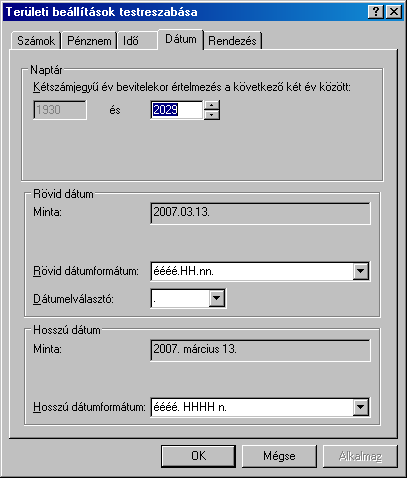 Területi és nyelvi beállítások 25/29 Szükséges dátum és számformátum: Rövid dátumformátum: éééé.hh.nn.