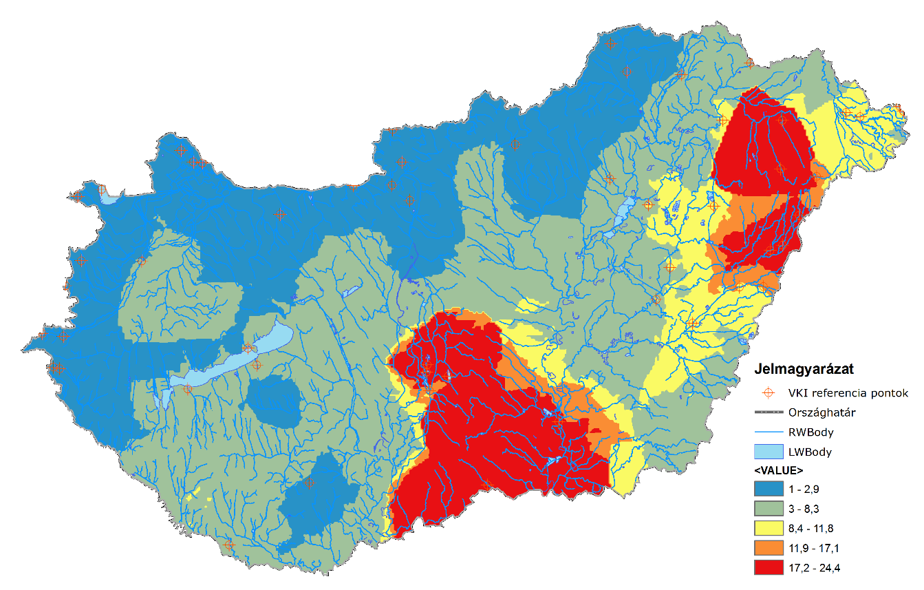 M5.4. ábra A vízfolyásokban mért oldott arzén mennyiségének területi eloszlása Kriging interpolációval, jelölve az átlagos arzén [μg/l] mennyiségének nagyságát A fentiek alapján, a TGD és említett