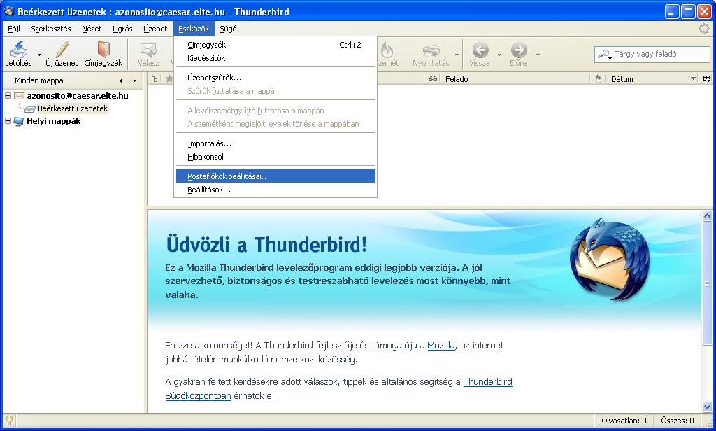 Levélküldés beállítása és a levélfogadás átállítása A hibaüzenet elfogadása után feljött a Thunderbird fő ablaka (itt a bal oldali oszlopban ott is van az előbb elkészült fiókunk, ehhez egyelőre ne
