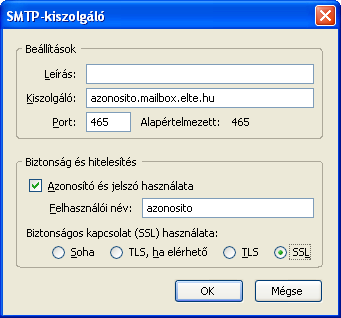A felugró beállítási ablakban a "Biztonság és hitelesítés" részben szintén válasszuk ki az SSLt a "Biztonságos kapcsolat (SSL) használata" választási lehetőségnél. A port itt is megváltozik, 465-re.