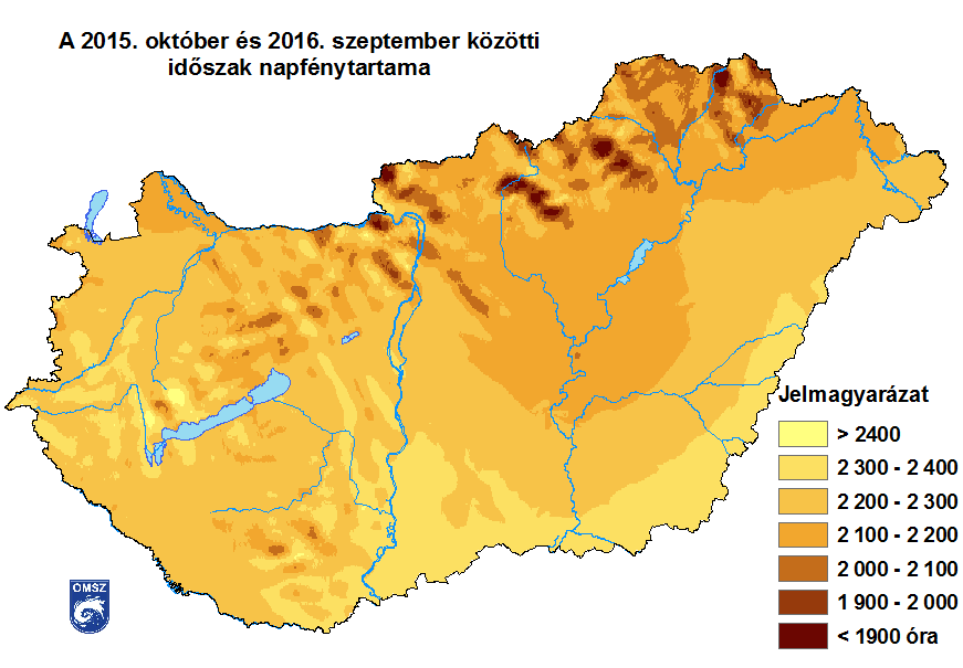 13. ábra A napsütéses órák száma 2015.