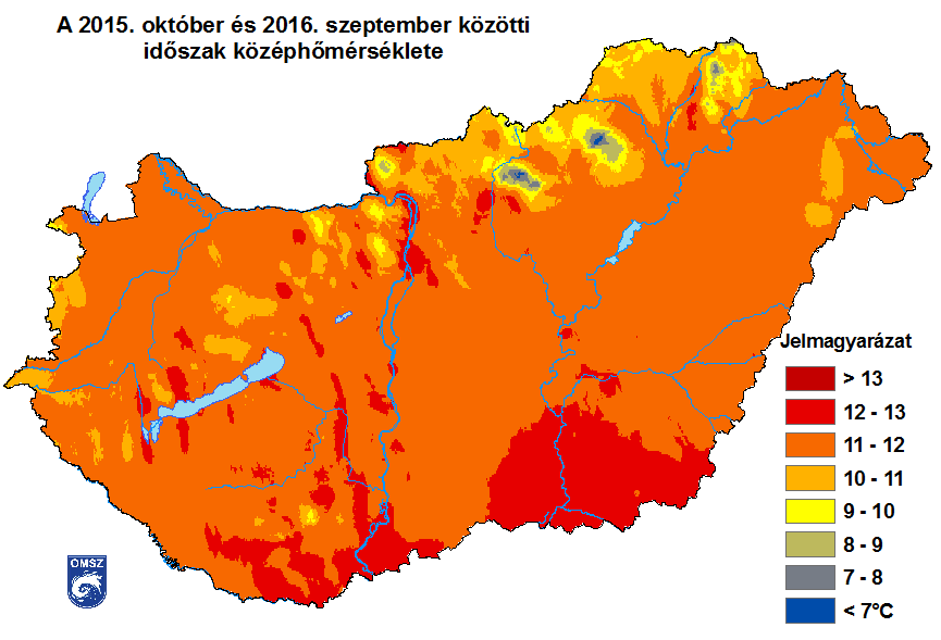 3. ábra A 2015. október és 2016. szeptember közötti időszak középhőmérséklete A vizsgált időszakban az egész ország területén meglehetősen melegebb volt az 1981-2010-es normálidőszak átlagánál (4.