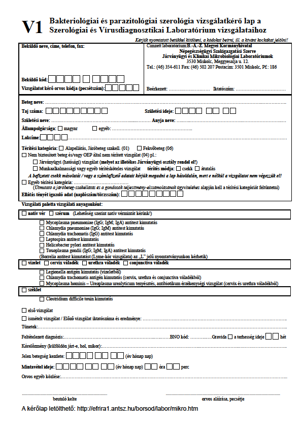MELLÉKLET -M09 V1 JELŰ VIZSGÁLATKÉRŐ LAP BAKTERIOLÓGIAI ÉS