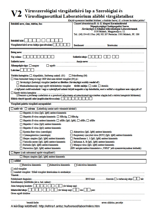 MELLÉKLET -M10 V2 JELŰ VIZSGÁLATKÉRŐ LAP VÍRUSSZEROLÓGIA