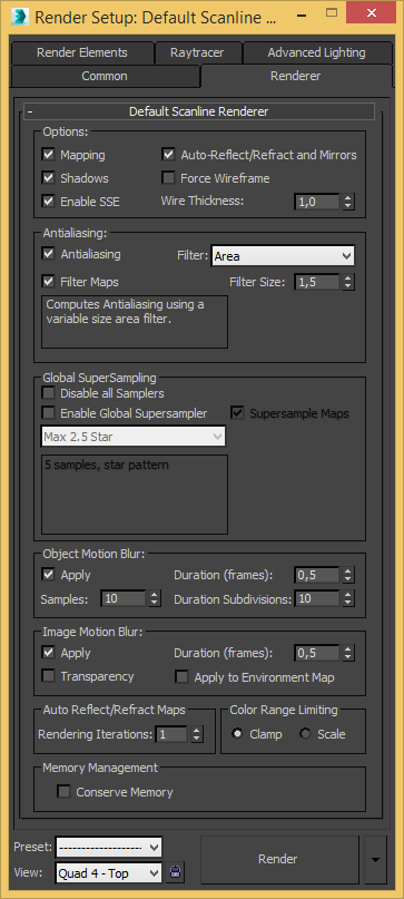 Rövid ismertető - Renderer Default Scanline Renderer Itt az alapéterlmezett render paraméterek állíthatóak be.