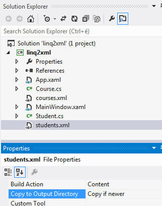 LINQ to XML (írta: Kovásznai Gergely) XVI.2. XML fájl tulajdonságainak beállítása Visual Studio-ban Következhet az XML fájlunk tartalmának a szerkesztése!