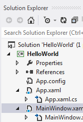 XAML (írta: Biró Csaba) III.1. Solution Explorer A Solution Exprorer-ben (XVIII.1.1. fejezet) az előbb már használt MainWindow.xaml állomány mellett találunk egy App.