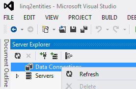 ábrákon látható, a Server Explorer Data Connections elemén kell jobb klikkelnünk, majd az Add Connection -t választanunk.