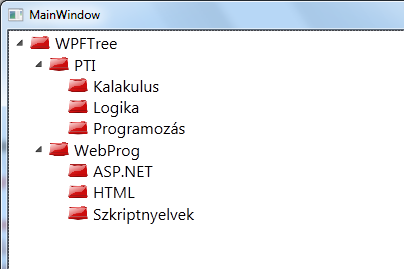 Vezérlők (írta: Biró Csaba) </TreeViewItem> <TreeViewItem Header="Férfi nevek"> <TreeViewItem Header="Gábor"/> <TreeViewItem Header="Áron"/> <TreeViewItem Header="Csaba"/> </TreeViewItem> </TreeView>