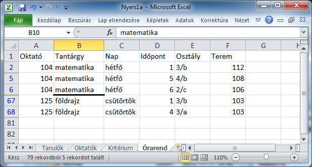 A táblázat mint adatbázis szűrés Irányított szűrő példa (folyt.