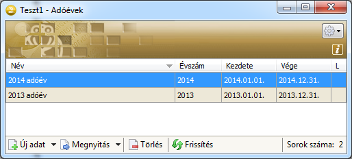 1. Új adóév Új adóévet a Törzsadatok/Cég/Adóévek/Adóévek menüpont hatására megnyíló ablakban lehet létrehozni. Az ablakot megnyitva, a program megjeleníti a már létrehozott adóéveket.