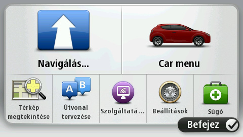Ha párosítva van a navigációs készülék és az autó, akkor a Car menu nyomógomb is látható a navigációs készülék főmenüjében.