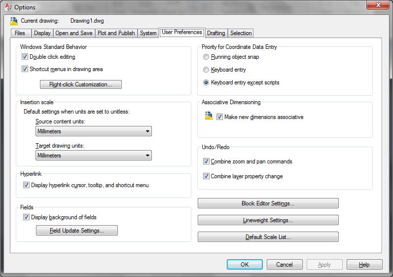 EGEREK 19 Tools/Options parancsával, illetve az AutoCAD ikon menüjének Options parancsával megjelenített párbeszédpanel User Preferences lapján (lásd az 1-2. ábrát).