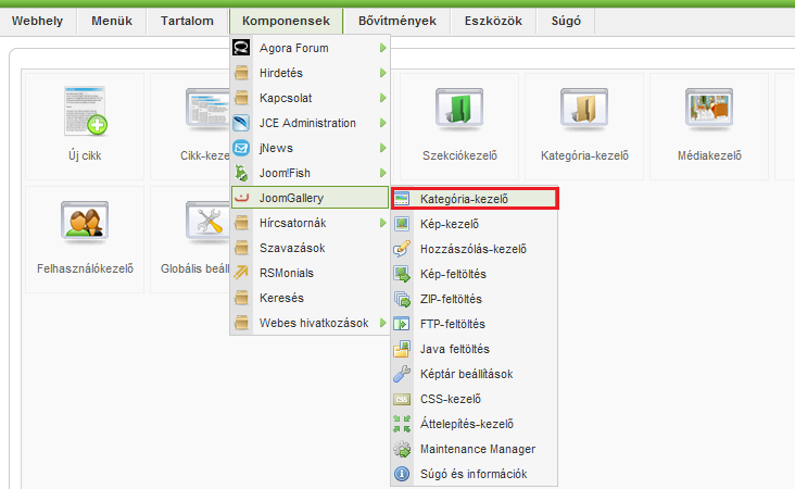 Galéria Kategóriák A komponensek fül alatt menjen a JoomGallery komponens Kategória-kezelő pontjára.