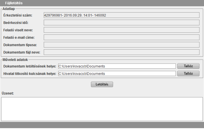 3. A dokumentum letöltésével egy időben elhelyez a könyvárban egy információs fájlt is <érkeztetésiszám>nyugta2.xml néven. A fájl a letöltött dokumentum főbb adatait (dokumentum típus, fájlnév stb.