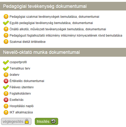 A feltöltő felület egyes oldalai a pedagógiai tevékenység dokumentumainak,