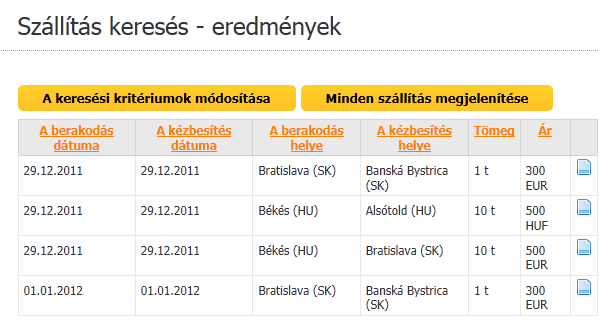 A keresés eredménye egy áttekinthető táblázatban jelenik meg. Elsőként a megadott kritériumok jelennek meg, amelyek alapján a keresés történt.