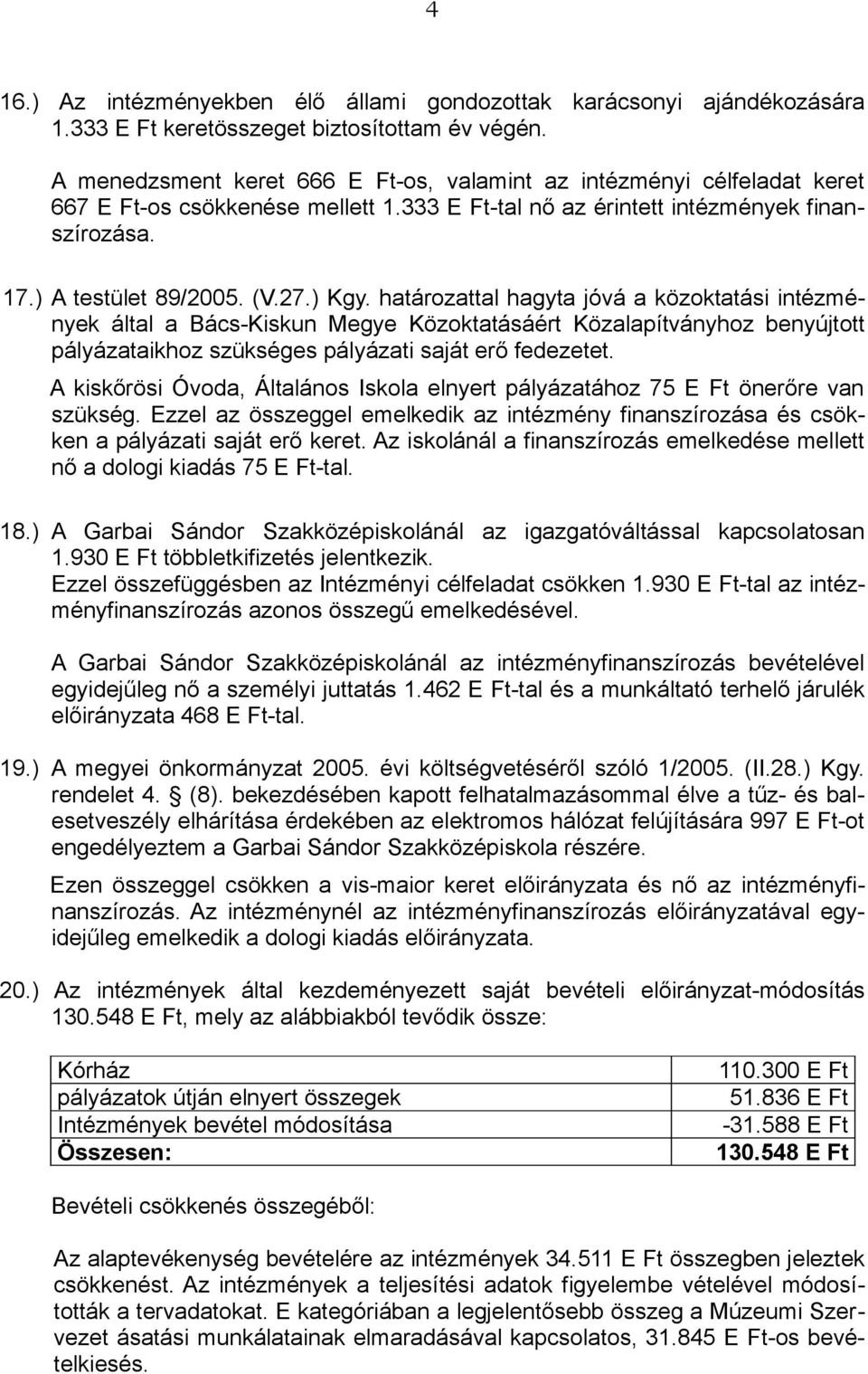 határozattal hagyta jóvá a közoktatási intézmények által a Bács-Kiskun Megye Közoktatásáért Közalapítványhoz benyújtott pályázataikhoz szükséges pályázati saját erő fedezetet.