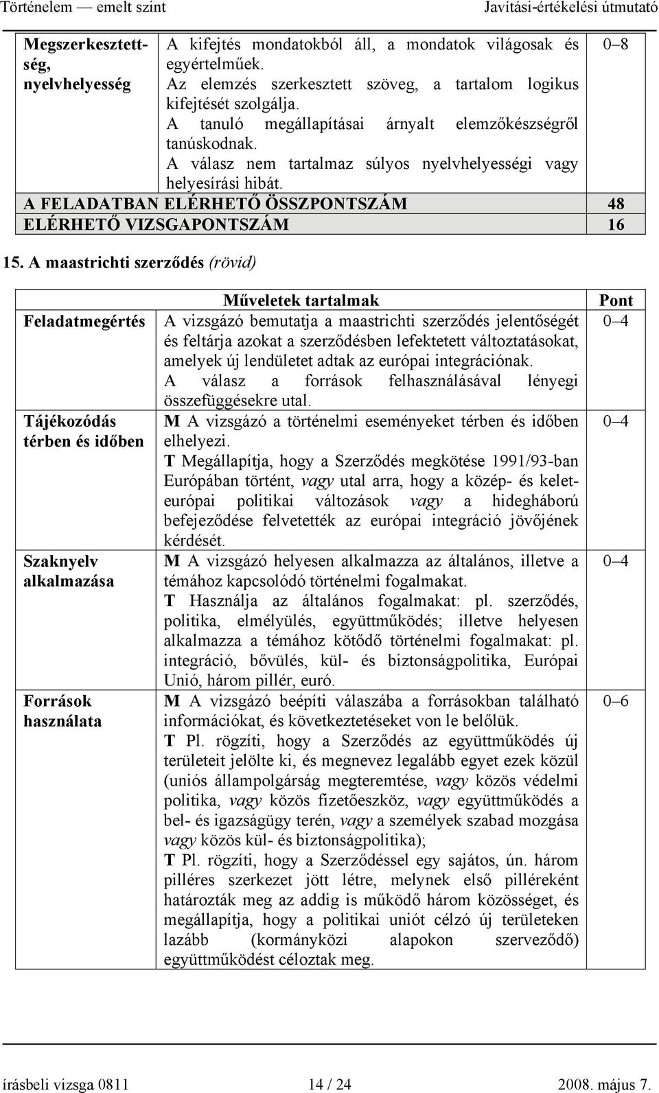 A maastrichti szerződés (rövid) Feladatmegértés Tájékozódás térben és időben Szaknyelv alkalmazása Források használata Műveletek tartalmak A vizsgázó bemutatja a maastrichti szerződés jelentőségét és