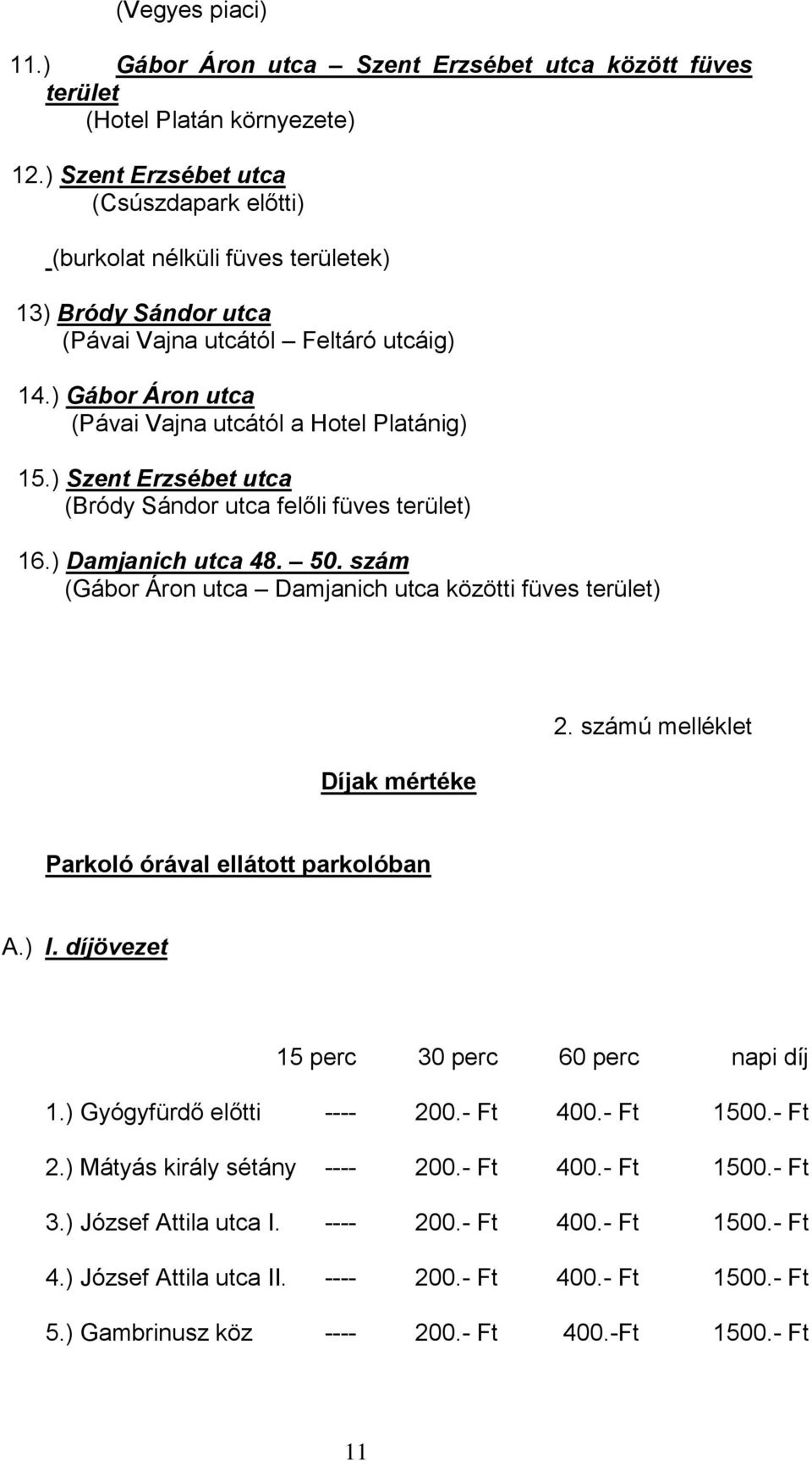 ) Szent Erzsébet utca (Bródy Sándor utca felőli füves terület) 16.) Damjanich utca 48. 50. szám (Gábor Áron utca Damjanich utca közötti füves terület) Díjak mértéke 2.