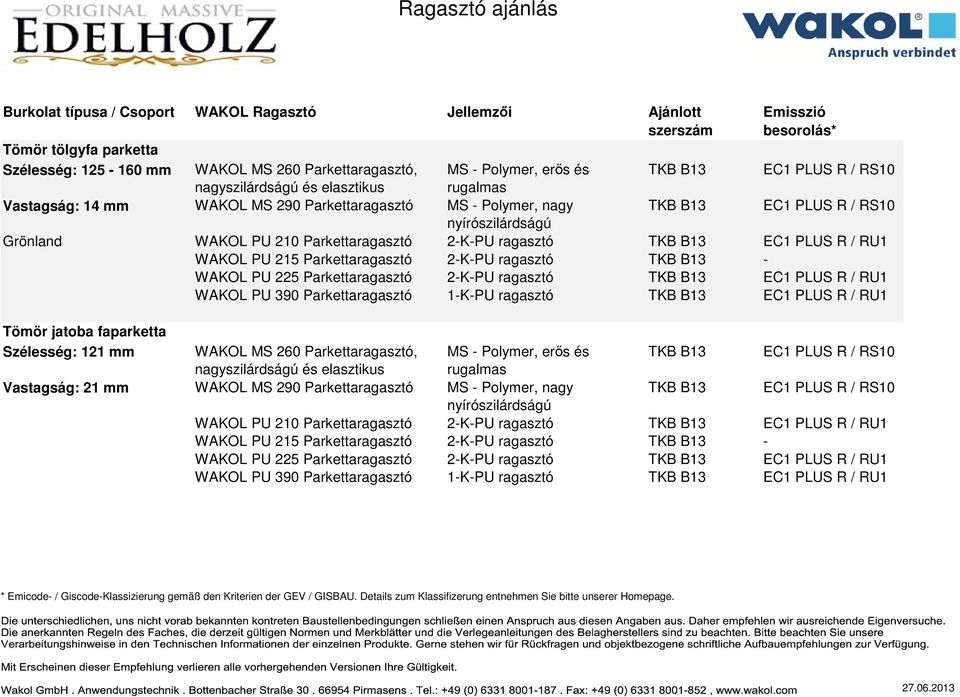 PLUS R / RU1 Tömör jatoba faparketta Szélesség: 121 mm WAKOL MS 260 Parkettaragasztó, MS - Polymer, erős és TKB B13 Vastagság: