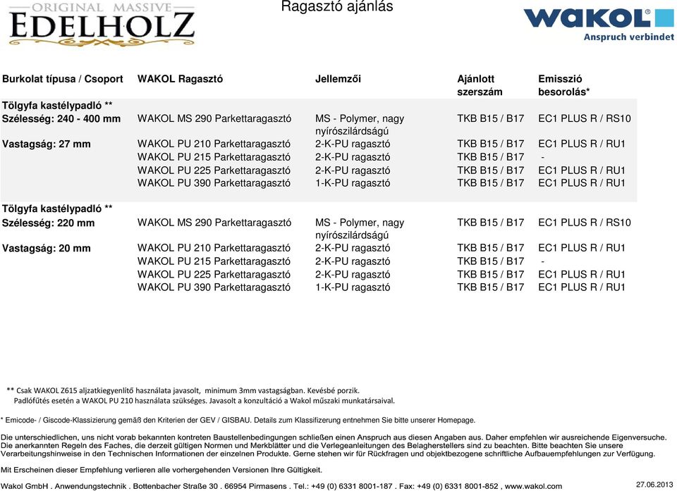 B17 EC1 PLUS R / RU1 Tölgyfa kastélypadló ** Szélesség: 220 mm WAKOL MS 290 Parkettaragasztó MS - Polymer, nagy TKB B15 / B17 Vastagság: 20 mm WAKOL PU 210 Parkettaragasztó 2-K-PU ragasztó TKB B15 /