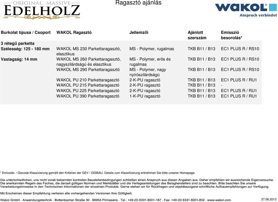 210 Parkettaragasztó 2-K-PU ragasztó TKB B11 / B13 EC1 PLUS R / RU1 WAKOL PU 215 Parkettaragasztó 2-K-PU ragasztó TKB B11 / B13 - WAKOL PU