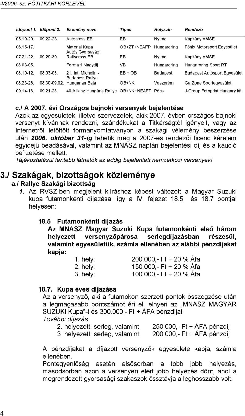 Forma 1 Nagydíj VB Hungaroring Hungaroring Sport RT 08.10-12. 08.03-05. 21. Int. Michelin - EB + OB Budapest Budapest Autósport Egyesület Budapest Rallye 08.23-26. 08.30-09.02.