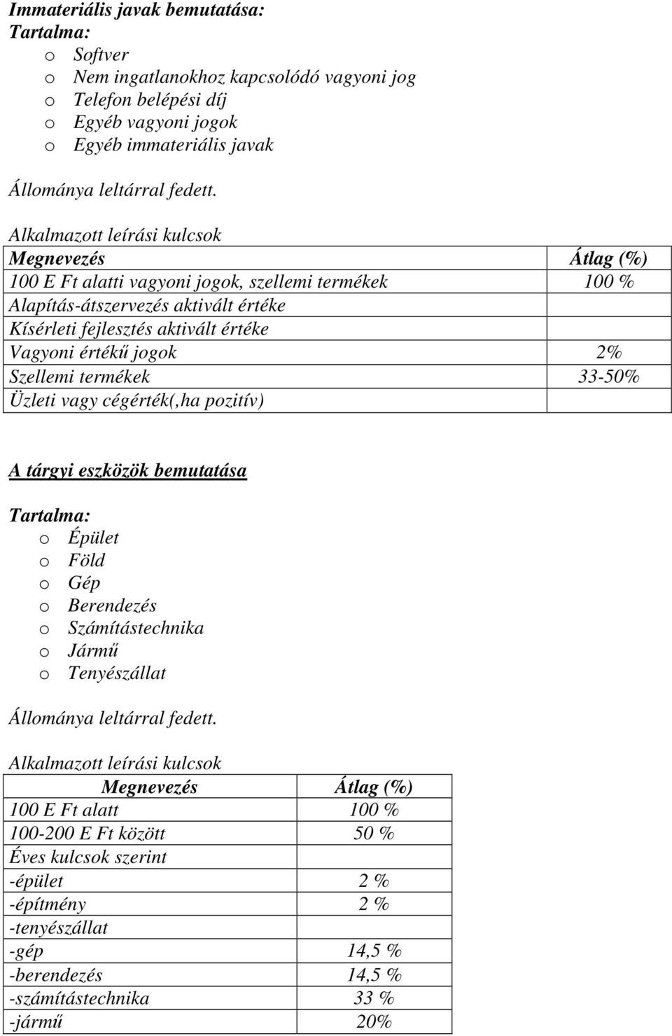 2% Szellemi termékek 33-50% Üzleti vagy cégérték(,ha pozitív) A tárgyi eszközök bemutatása o Épület o Föld o Gép o Berendezés o Számítástechnika o Jármű o Tenyészállat Állománya leltárral fedett.