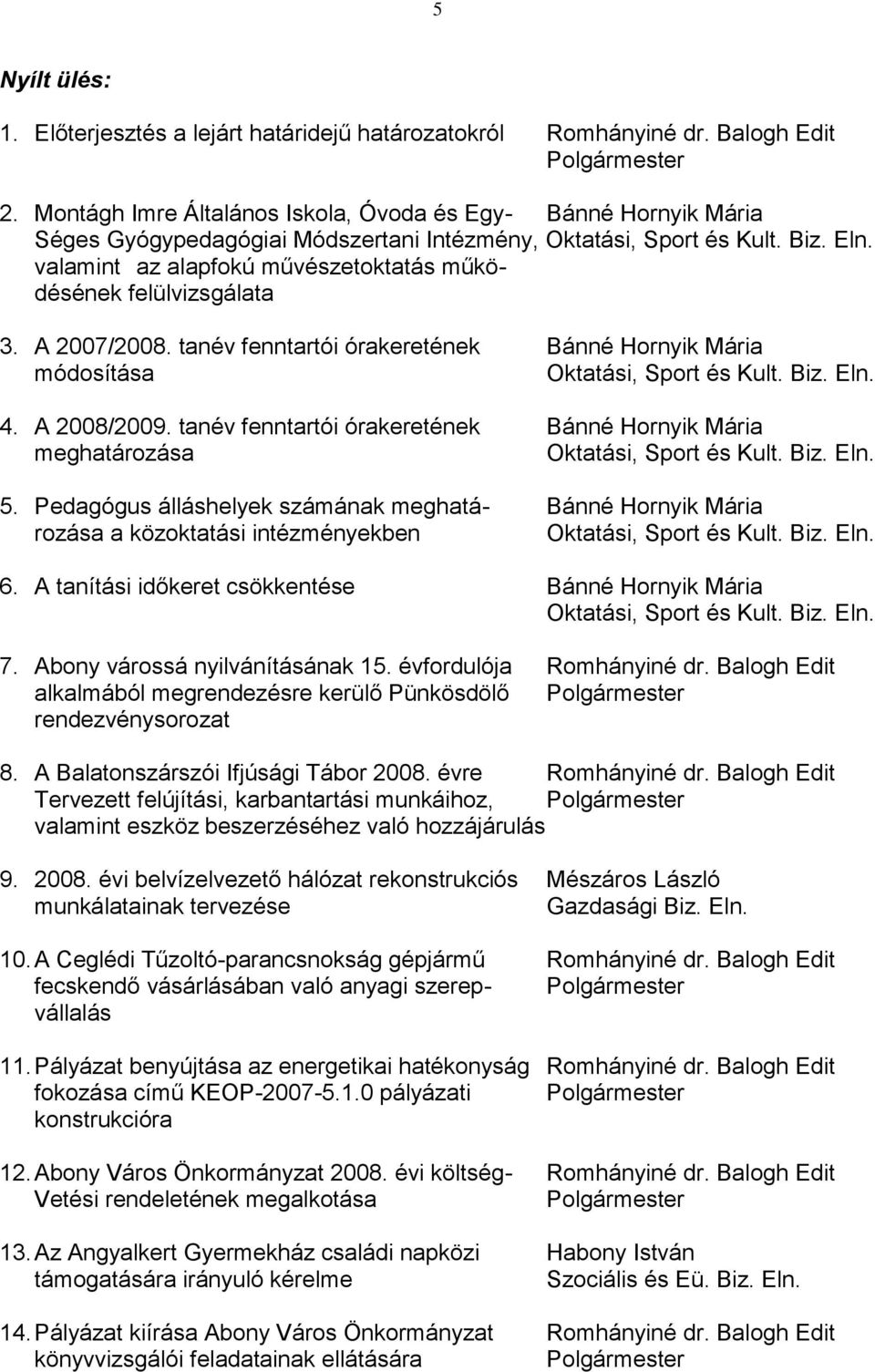 valamint az alapfokú művészetoktatás működésének felülvizsgálata 3. A 2007/2008. tanév fenntartói órakeretének Bánné Hornyik Mária módosítása Oktatási, Sport és Kult. Biz. Eln. 4. A 2008/2009.