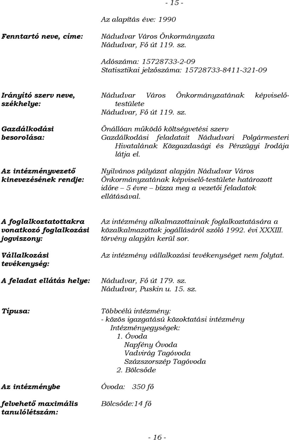 képviselőtestülete Nádudvar, Fő út 119. sz. Önállóan működő költségvetési szerv Gazdálkodási feladatait Nádudvari Polgármesteri Hivatalának Közgazdasági és Pénzügyi Irodája látja el.