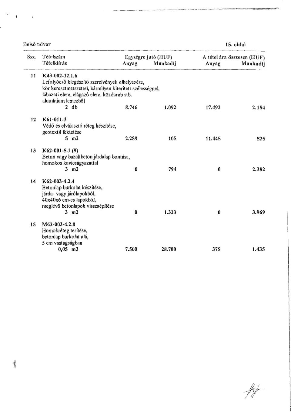 1 (9) Beton vagy bazaltbetonjárdalap bontása, homokos kavicságyazattal 3 m2 