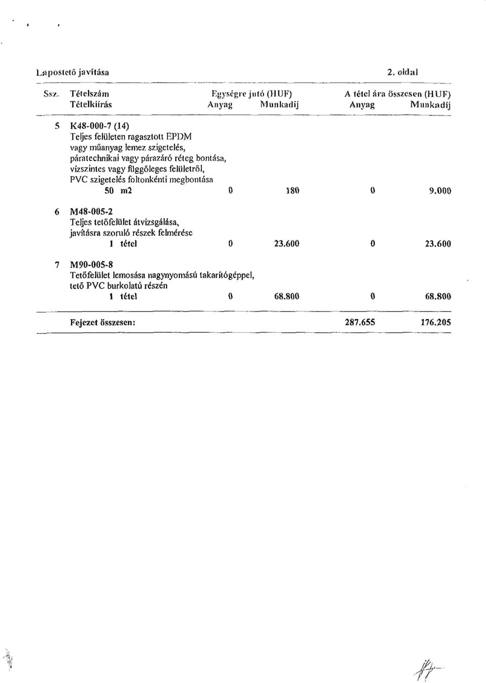 páratechnikai vagy párazáró réteg bontása, vízszintes vagy íüggőleges felületről, PVC szigetelés fokonkénti megbontása 50 m2 0 180 0 9.