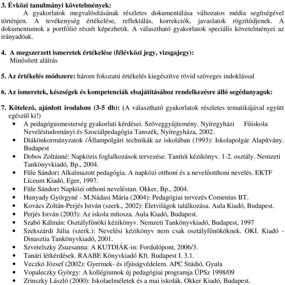 A megszerzett ismeretek értékelése (félévközi jegy, vizsgajegy): Minősített aláírás 5. Az értékelés módszere: három fokozatú értékelés kiegészítve rövid szöveges indoklással 7.