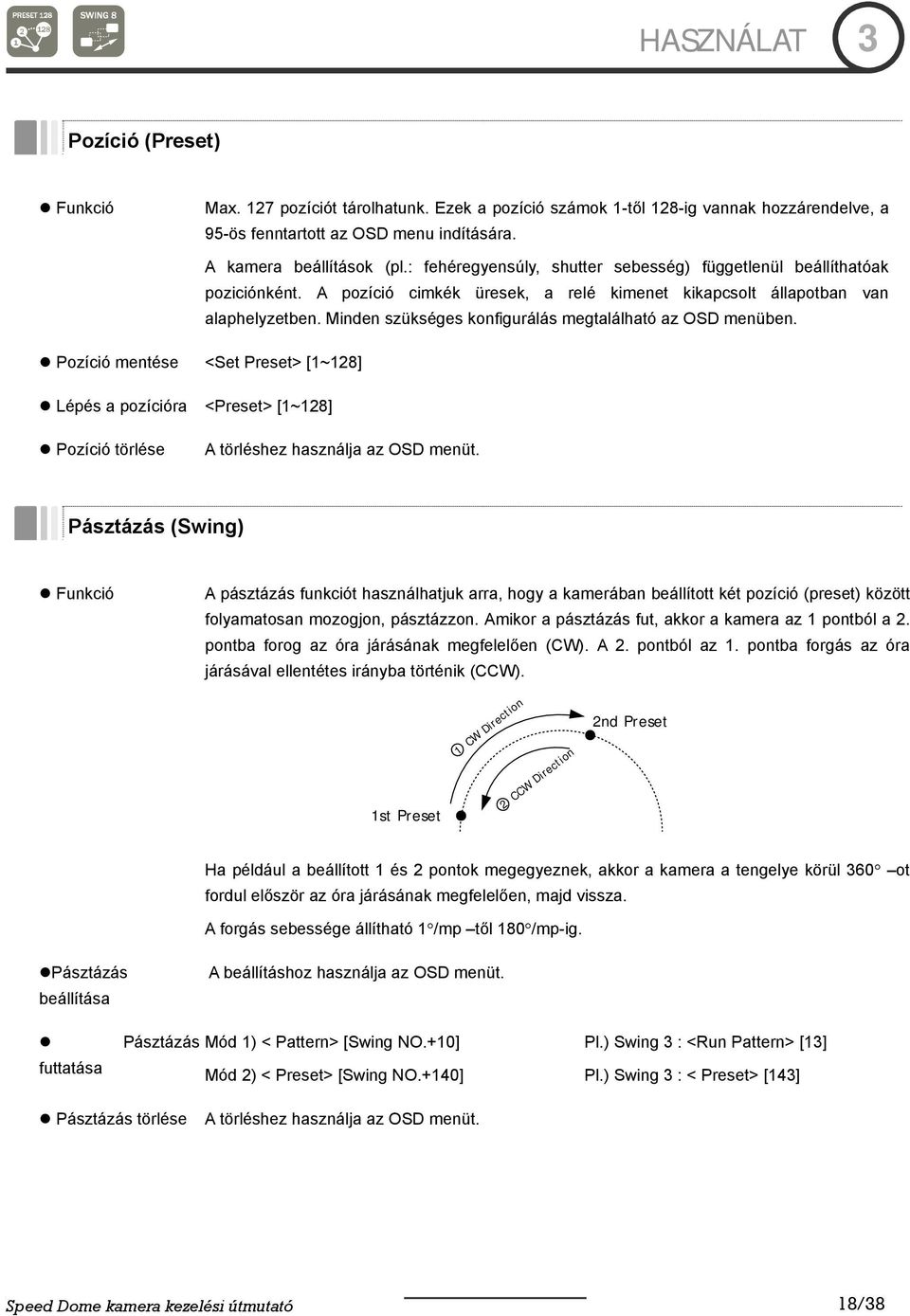 Minden szükséges konfigurálás megtalálható az OSD menüben. Pozíció mentése <Set Preset> [1~128] Lépés a pozícióra <Preset> [1~128] Pozíció törlése A törléshez használja az OSD menüt.